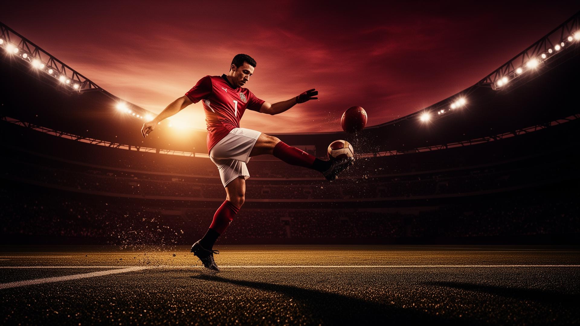 Football kicker mid-kick in stadium